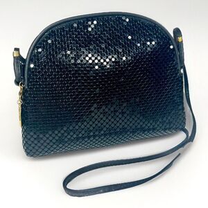 Whiting & Davis Vintage 90s Black Leather Metal Mesh Shimmer Crossbody Bag Purse